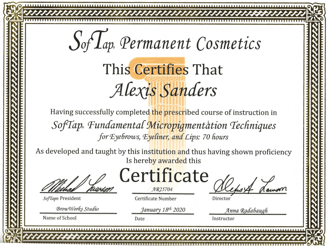 SofTap Permanent Cosmetics Certificate